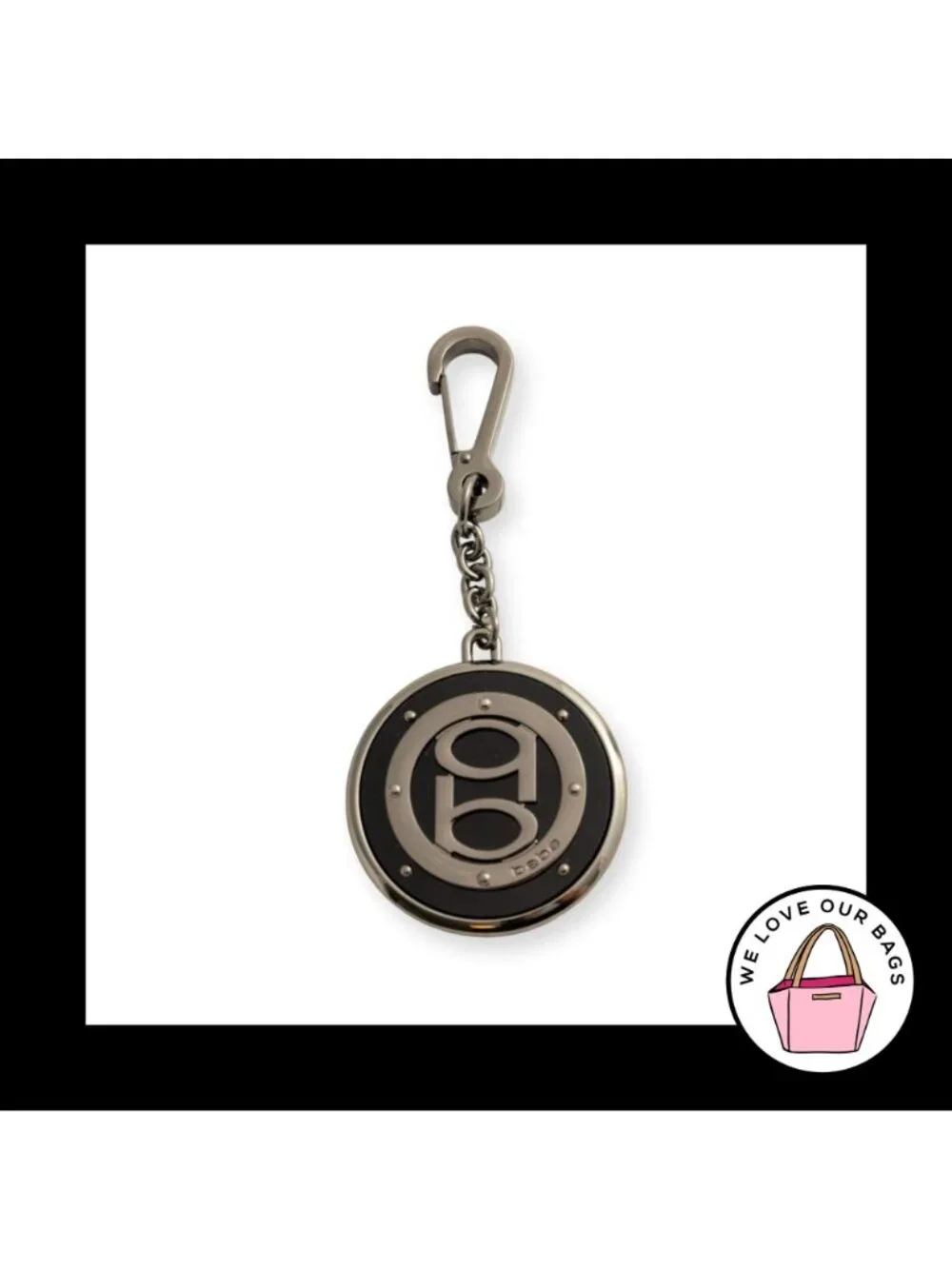 BEBE Hang Tag Large Round Black Gunmetal Chain Clip Bag Charm Keychain Fob